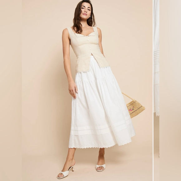 o.p.t Beth Cotton Skirt White Eyelet Lace Trim Midi Skirt Size 6 - Picture 2 of 8